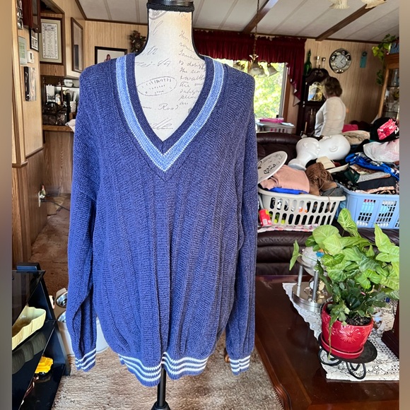 Vintage 1991 Jantzen Knit Navy Blue striped Mens Made In USA Pullover Cardigan. - Picture 1 of 16